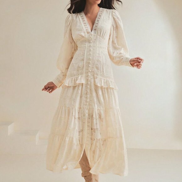 Apricot Elegant Women's V-Neck Puff Sleeve Cinched Waist Dress Maxi Outfit - Picture 4 of 8